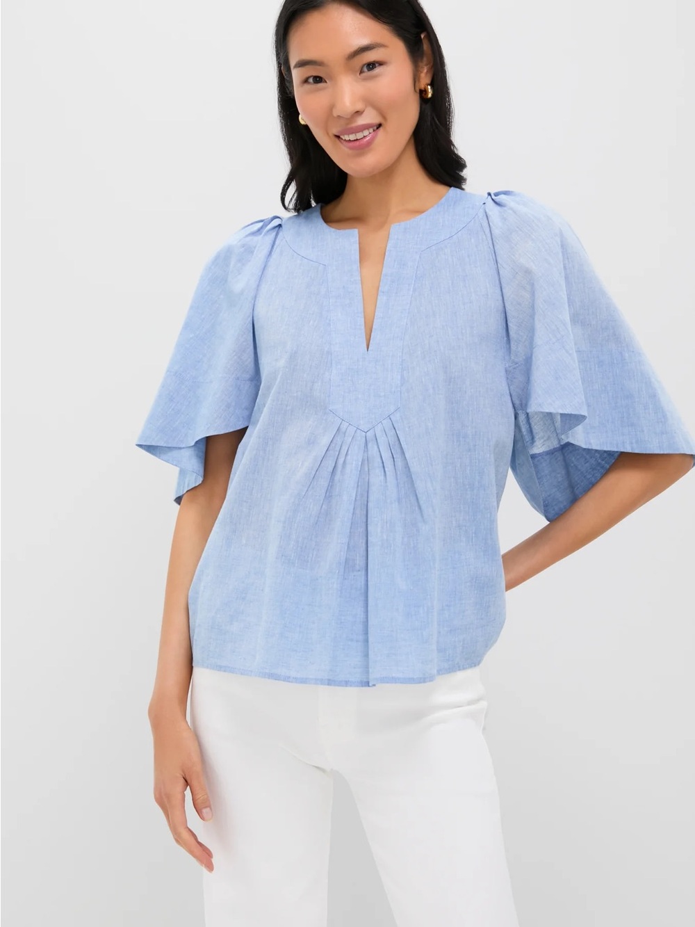 NWT- Chambray Finley Flutter Sleeve Top 
- Light Blue Flutter-Sleeve Top